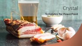  Presentation with bacon - PPT theme featuring sliced smoked bacon on old kitchen table background and a light gray colored foreground