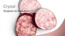  Presentation with pink and blue acrylic smoke white - Slides with sliced-smoked-pork-sausage-isolated background and a white colored foreground