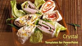  Presentation with salmon dish - Beautiful slide deck featuring sliced-spring-rolls-with-salmon backdrop and a tawny brown colored foreground