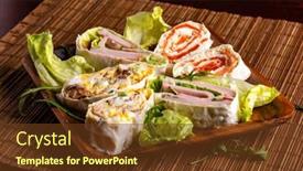  Presentation with salmon dish - Audience pleasing slide deck consisting of sliced-spring-rolls-with-salmon backdrop and a tawny brown colored foreground