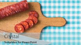  Presentation with chorizo - Audience pleasing PPT theme consisting of sliced-tasty-chorizo-sausage backdrop and a arctic colored foreground