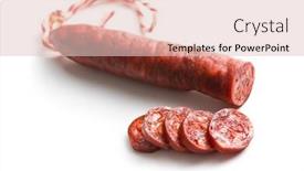  Presentation with chorizo - Theme enhanced with sliced tasty chorizo sausage on white background background and a lemonade colored foreground