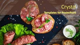  Presentation with leafy greens - Presentation theme with sliced-traditional-polish-sausage-kielbasa background and a tawny brown colored foreground