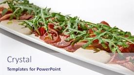  Presentation with meat food - PPT theme enhanced with sliced-veal-meat-on-white background and a sky blue colored foreground