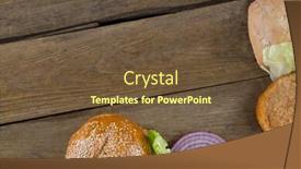  Presentation with hamburger - PPT theme consisting of sliced vegetables ingredient for making hamburger on wooden table background and a tawny brown colored foreground