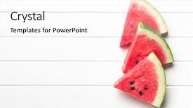  Presentation with kitchen - PPT theme consisting of sliced watermelon on kitchen table background and a white colored foreground