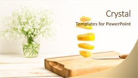  Presentation with sliced fresh papaya on wooden - Slides with sliced whole lemon flying above background and a cream colored foreground