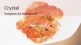  Presentation with pepl jumping up in the air - Slide deck having slices of air dried ham background and a  colored foreground