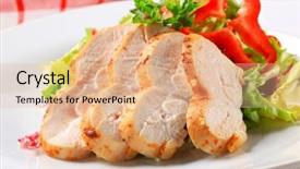  Presentation with chicken little chicks - Amazing PPT theme having slices of chicken breast fillet backdrop and a coral colored foreground