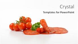  Presentation with chorizo - Audience pleasing slide set consisting of slices of chorizo salami and cherry tomatoes on white background backdrop and a white colored foreground