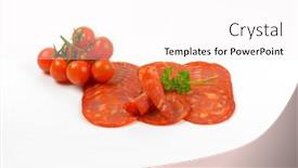  Presentation with chorizo - Slide set having slices of chorizo salami and cherry tomatoes on white background background and a white colored foreground