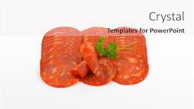  Presentation with chorizo - Amazing slide deck having slices of chorizo salami on white background backdrop and a sky blue colored foreground