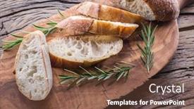  Presentation with herb - Slide set with slices of ciabatta with rosemary herb on the serving wooden tray top view background and a tawny brown colored foreground