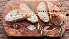  Presentation with herb - Slide deck having slices of ciabatta with rosemary herb on the serving wooden tray top view background and a coral colored foreground
