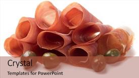  Presentation with cure - Beautiful PPT theme featuring slices of cured ham similar backdrop and a red colored foreground
