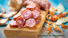  Presentation with meat - Colorful PPT layouts enhanced with slices-of-cured-pork-meat backdrop and a gold colored foreground
