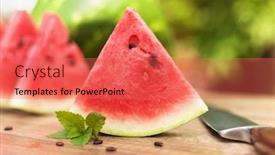  Presentation with healthy snack - Beautiful PPT theme featuring slices-of-delicious-watermelon backdrop and a coral colored foreground