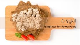 Presentation with spread - PPT theme featuring slices of fitness bread with fish spread on wooden cutting board background and a coral colored foreground