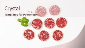  Presentation with dry - Beautiful slide deck featuring slices of french dry salami backdrop and a sky blue colored foreground