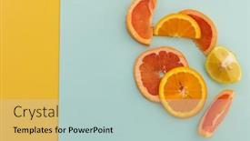  Presentation with blue orange - Amazing slide deck having slices-of-grapefruit-orange backdrop and a mint green colored foreground
