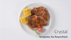  Presentation with corn cob - Presentation theme enhanced with slices of grilled pork meat and corn cob on white plate background and a light gray colored foreground