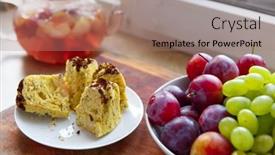  Presentation with glass teapot - Slide deck having slices-of-homemade-cake background and a coral colored foreground