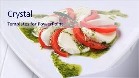  Presentation with mozzarella cheese - Slide set with slices of mozzarella cheese and tomato seasoned with pesto sauce background and a sky blue colored foreground