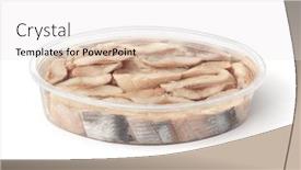  Presentation with plastic container - PPT theme featuring slices-of-pickled-atlantic-herring background and a sky blue colored foreground
