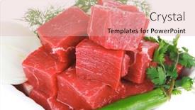  Presentation with fresh meat - PPT theme enhanced with slices of raw fresh beef meat fillet in a white bowls with dill and green peppers isolated over white background background and a lemonade colored foreground