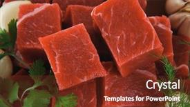  Presentation with fresh meat - Cool new presentation theme with slices of raw fresh beef meat fillet in a ceramic dish with onions and peppers isolated over white background backdrop and a tawny brown colored foreground