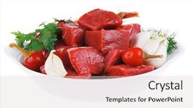  Presentation with fresh meat - Beautiful PPT theme featuring slices of raw fresh beef meat fillet in a white bowls with garlic and red peppers isolated over white background backdrop and a lemonade colored foreground