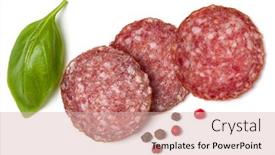  Presentation with leaves - Cool new PPT theme with slices of salami isolated on white background closeup sausage and basil leaves top view backdrop and a soft green colored foreground