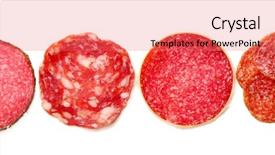  Presentation with fresh fruits salad on white - Beautiful theme featuring slices of salami isolated backdrop and a coral colored foreground