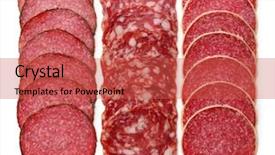  Presentation with fresh fruits salad on white - Theme consisting of slices of salami isolated background and a red colored foreground