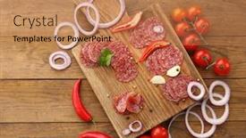  Presentation with cutting board - Slide deck with slices of salami with spices and vegetables on cutting board and wooden table background background and a coral colored foreground