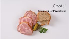  Presentation with bread - Slides having slices of smoked pork neck with bread on white background background and a light gray colored foreground