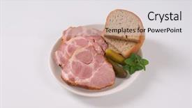  Presentation with white plate - Theme enhanced with slices of smoked pork neck with bread on white plate background and a light gray colored foreground