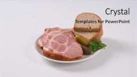  Presentation with white plate - Beautiful theme featuring slices of smoked pork neck with bread on white plate backdrop and a light gray colored foreground