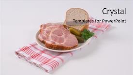  Presentation with white plate - Theme having slices of smoked pork neck with bread on white plate background and a light gray colored foreground