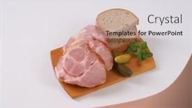  Presentation with cutting board - Colorful presentation design enhanced with slices of smoked pork neck with bread on wooden cutting board backdrop and a light gray colored foreground