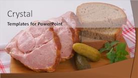  Presentation with cutting board - Cool new theme with slices of smoked pork neck with bread on wooden cutting board - close up backdrop and a light gray colored foreground