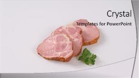  Presentation with pink and blue acrylic smoke white - PPT layouts having slices of smoked pork neck on white background background and a light gray colored foreground