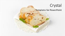  Presentation with almonds - Slide deck with slices of sweet braided bread with almonds and raisins on white plate and lace place mat background and a white colored foreground