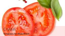  Presentation with leaves flat lay - Cool new theme with slices of tomato and basil leaves isolated over white background top view flat lay backdrop and a red colored foreground