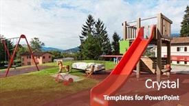  Presentation with playground - Presentation consisting of rock slide - garden with children's playground outdoors background and a tawny brown colored foreground