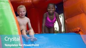  Presentation with bounce - Amazing PPT layouts having slide - happy kids sliding down backdrop and a teal colored foreground