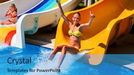  Presentation with inflatable water park - Presentation design consisting of flume - child on water slide background and a teal colored foreground