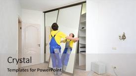  Presentation with sliding doors - Amazing PPT layouts having slide design - worker setting mirrored doors backdrop and a light gray colored foreground