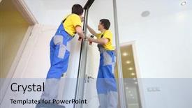  Presentation with man door - Cool new PPT theme with slide design - young man in workwear fixing backdrop and a light blue colored foreground