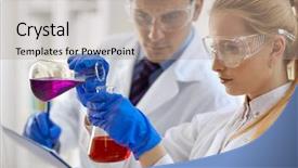  Presentation with research - Colorful presentation theme enhanced with slide pharmaceutics - female research mixed liquid backdrop and a coral colored foreground